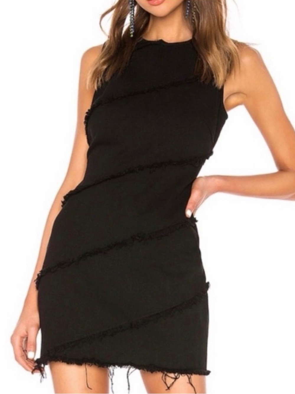 Alexander Wang Black Sleeveless Mini Dress with Diagonal Fringe
